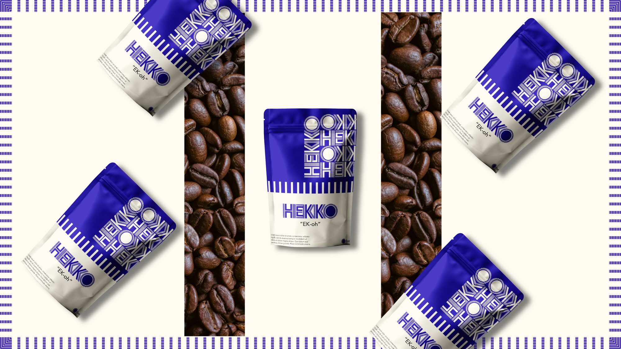 HEKKO pouches arranged around roasted coffee beans