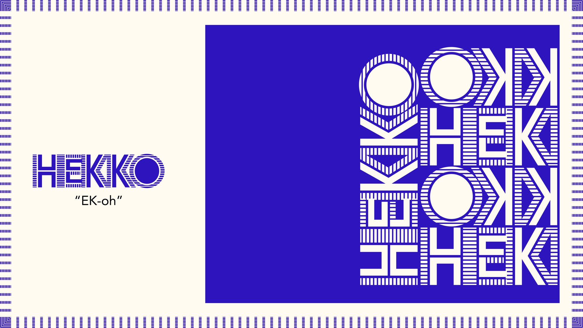 HEKKO wordmark next to the stacked, mirrored pattern on blue