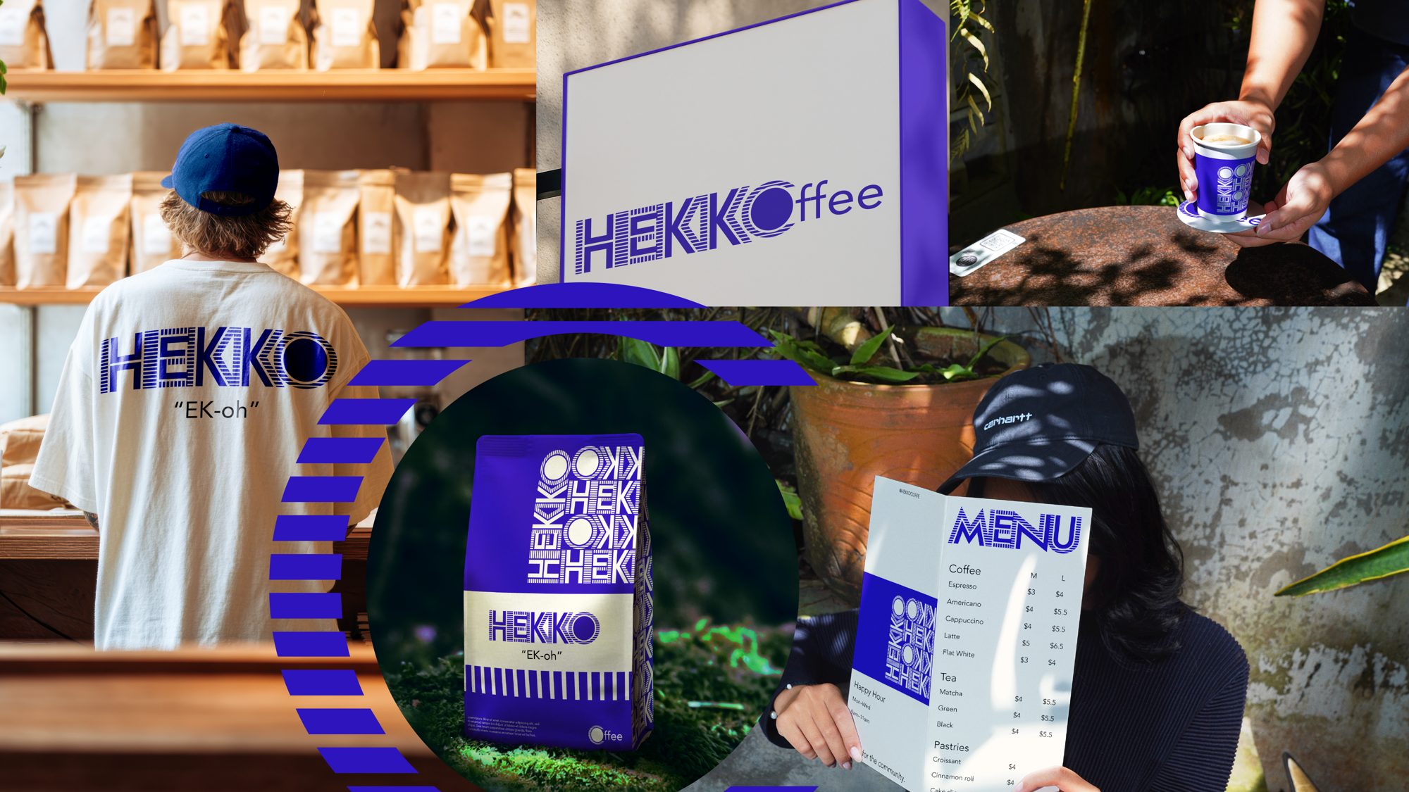 Collage of HEKKO applications: sign, cup, shirt, bag, and menu