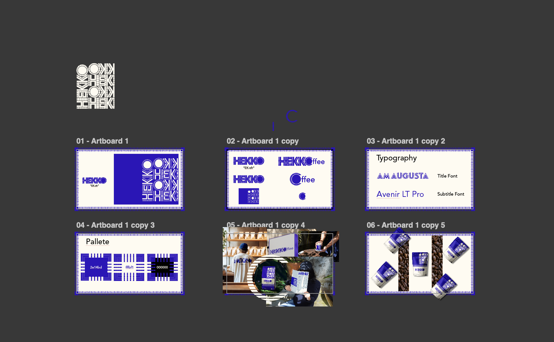 Illustrator workspace showing the six HEKKO brand kit artboards