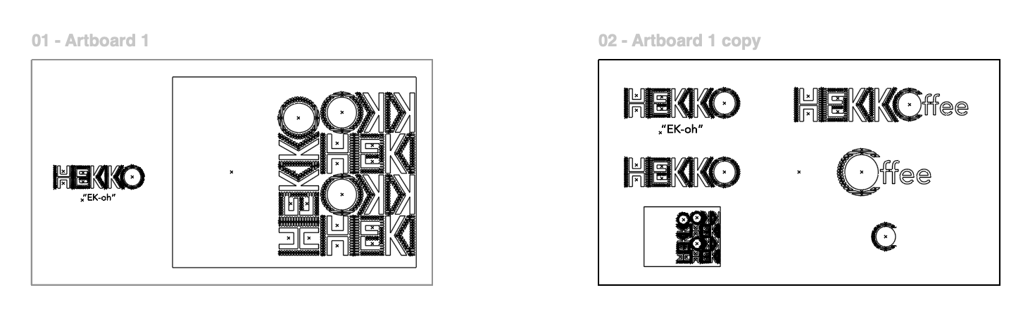 HEKKO wordmark, lockups and pattern shown in Illustrator outline view