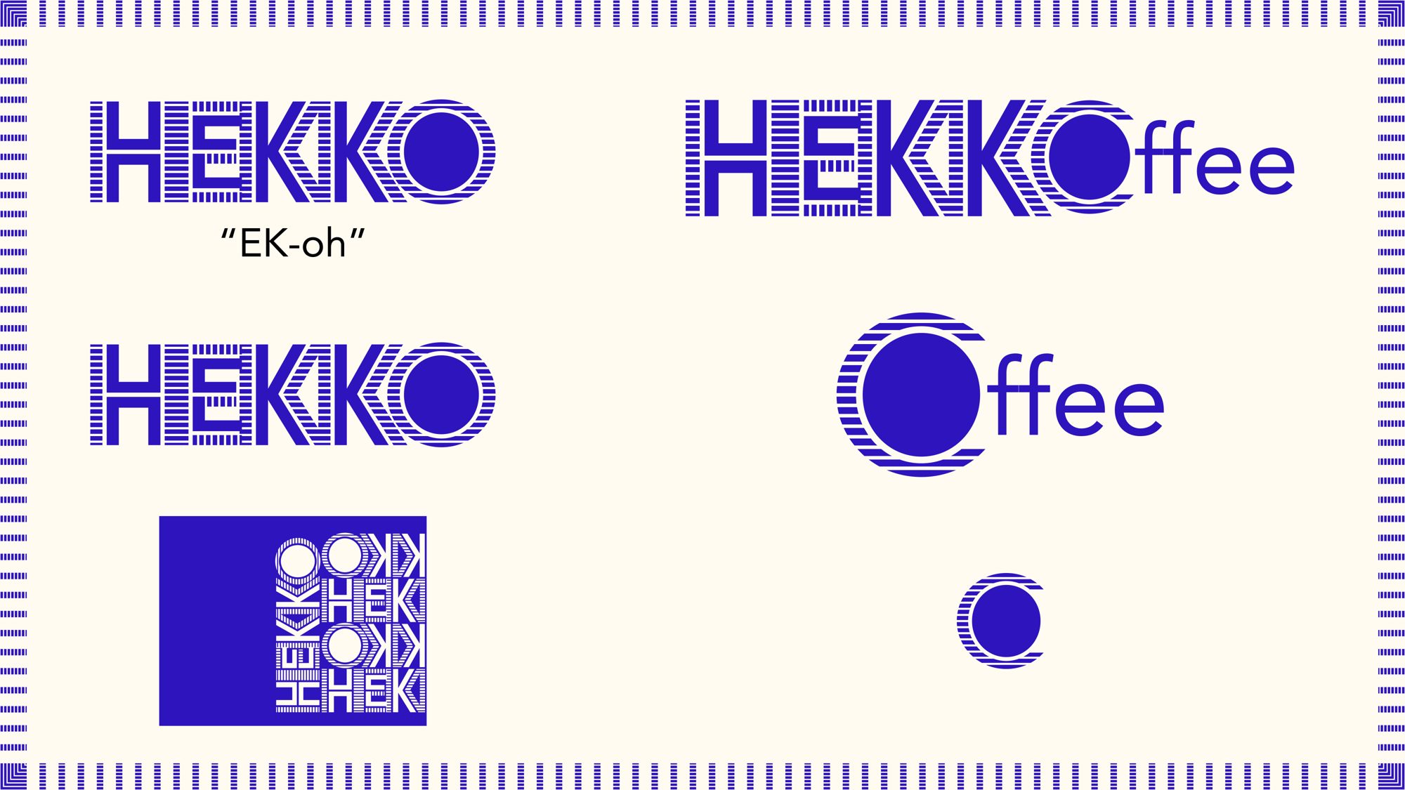 HEKKO logo sheet with wordmark, HEKKOffee lockup, Coffee mark and pattern tile